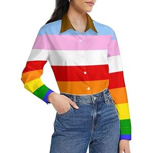 LGBT Regenboog Transgender Pride Vlag Dames Shirt Lange Mouw Button Down Blouse Casual Werk Shirts Tops 2XL