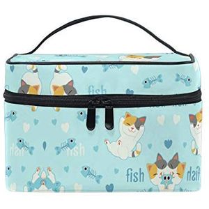 Blauwe kat kitten liefde visgraat cosmetische tas organizer rits make-up tassen zakje toilettas voor meisjes vrouwen