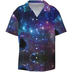 TyEdee Galaxy Print Overhemden met korte mouwen voor heren, met zak, casual, button-down shirts, zakelijk overhemd, Zwart, XL