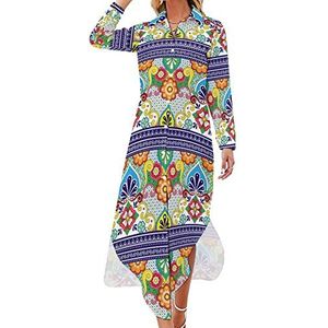 Mexicaans talavera patroon dames maxi-jurk lange mouwen knopen overhemd jurk casual feest lange jurken M