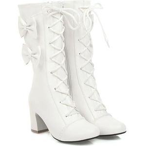 Leuke Veterlaarzen Met Strikken, Dames Herfst-winter Halfhoge Laarzen, Elegante Enkellaarzen Met Blokhak, Warme Outdoor Snowboots, PU-leren Hoge Hakken for Feest (Color : White, Size : 36 EU)