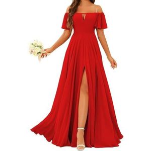 Prinses Bruidsmeisje Jurken Off Shoulder Prom Jurken Plooien Chiffon Formele Avond Party Maxi Jurk met Split ZMK196, Rood, 32