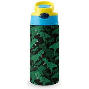 Retro Groene Dinosaurus 12oz Water Fles met Stro Koffie Tumbler Water Cup Rvs Reizen Mok Voor Vrouwen Mannen Blauw-Stijl