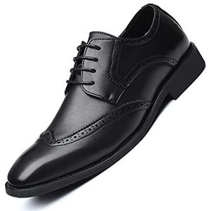 QEWFVD Oxford schoenen voor heren, veterschoenen, derby-schoenen, vleugelneus, gepolijste teenpartij, PU-leer, blokhak, rubberen zool, antislip, klassiek, zwart, 47 EU