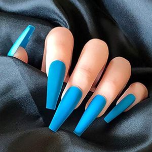 Coffin Long False Nails Matte Fake Nails Ballerina Acrylic Press on Nails Artificial Full Cover Stick on Nails for Women and Girls(Peacock blue)