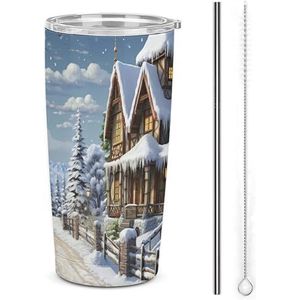 AQRJLPM Kerst Winter Happy Scene Auto Cup Rvs Tumbler met rietje en Deksels Lekvrij Geïsoleerde Roestvrij Staal Reizen Koffie Mok Pobtable voor Koude Warme Dranken Camping