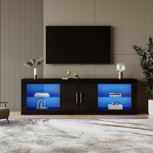 Aunvla Moderne zwarte tv-standaard voor 60 inch televisie; 16 kleuren led, bluetooth-bediening; hoogglanzende kastdeuren, verstelbare planken, geruisloze scharnieren, stijlvolle opbergkast