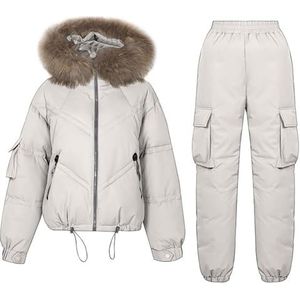 UPPJPBSW Dames nepbont gewatteerde capuchon 2-delige broek warme ski- en snow suits verdikte pufferjas parka,Wit,L