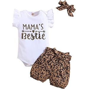 KONFEN 3-delige babyset voor pasgeborenen, zomerkleding met korte mouwen, luipaardpatroon, rompertje + shorts + hoofdband voor meisjes, 3-delige set voor 0-24 maanden, Luipaardpatroon, 3-6 Maanden