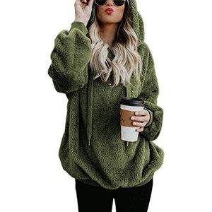 iWoo Teddy Fleecesweatshirts, dames, casual, dubbel, donzige pluizige hoody, effen kleur, warm, stijlvol, 1/4-rits, pullover met zakken, S
