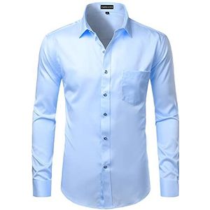 PARKLEES Heren Slim Fit Formele Lange Mouw Casual Business Party Jurk Shirts met Borstzak, Blauw, M