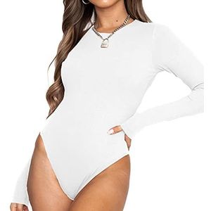 TOEECY Damesbody met lange mouwen, ronde hals, gebreide stretch, bodysuit, shirts, onderkleding, elegant, sexy, bovenstuk met lange mouwen, bustier, smalle tops, bodys, wit, M