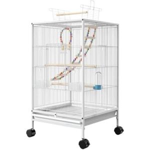 Vogelkooi Vogelvolière 33 Inch Hoogte Smeedijzeren Vogelkooi Met Rolling Stand, Bovenste Venster Voor Papegaaien Conure Lovebird Valkparkiet Papegaaien Kooi(White)