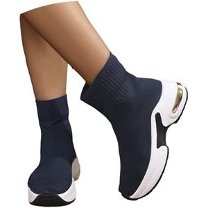 Gebreide Enkellaarsjes Ademende Korte Laarzen for Dames Sportieve Enkellaarsjes Comfortabele Plateaulaarzen Met Sleehak Elastische Instapschoenen for De Lente/herfst(Blue,43 EU)