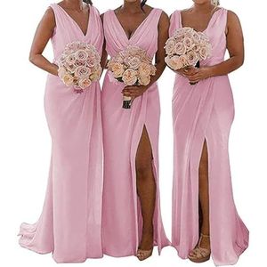 WSEYU Chiffon bruidsmeisjesjurk voor dames, met split, galajurken, plooien, cocktailjurk, grote maten, roze, 32