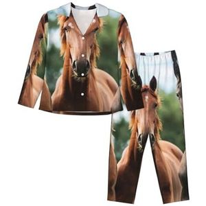 JEJEA animales paarden print Comfy 2 Stuk Nachtkleding Lounge Set Pyjama Set Lange Mouw Nachtkleding Nachtkleding, Zwart, S