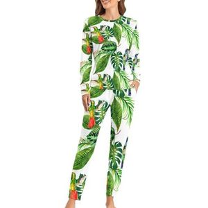 Tropische Hawaii Bladeren Palm Boom Zachte Dames Pyjama Lange Mouw Warm Fit Pyjama Loungewear Sets met Zakken 4XL