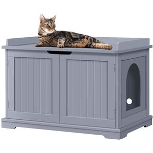 Yaheetech Kattenmand voor grote katten kattenkast, hout, kattenhuis, 75,5 x 51 x 52,5 cm, kattenbed met magnetische deuren, aparte scheidingswand, kattenbak, grijs,