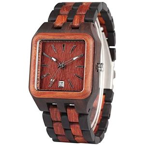 Handgemaakt Retro Wood Horloges for Heren Unieke Rechthoek Dial Light Clock Man Natural Woody Armband Kalender Datum Quartz Polshorloges Huwelijksgeschenken (Color : Black red Wood)