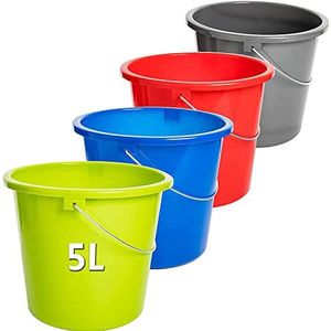 Emmer poetsemmer, 5 l, 4 stuks plastic emmer, 5 liter huishoudemmer, wateremmer, kleur: antraciet, rood, groen, blauw; met maatschaal, geschikt voor levensmiddelen, robuuste en duurzame kwaliteit -