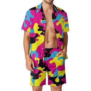 Roze camouflagepatroon Hawaiiaanse bijpassende set voor heren, 2-delige outfits, overhemden en shorts met knopen voor strandvakantie