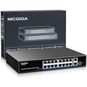 16-poorts PoE-switch onbeheerd, 16-poorts PoE+ bij 250 W, 2 Gigabit Uplink-poorten, 1 SFP-poort, NICGIGA 19-poorts netwerk Power over Ethernet-switch, VLAN-modus, AI Watchdog 19 inch RackMount