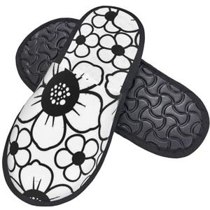 ZaKhs Zwart en wit bloemenprint Vrouwen Slippers Antislip Fuzzy Slippers Leuke Huis Slippers Voor Indoor Outdoor, Zwart, Large Wide