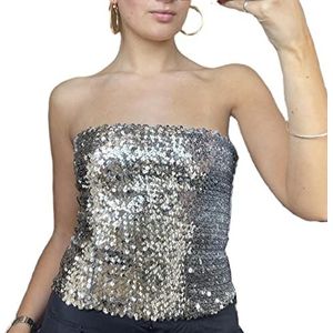 SMIMGO Dames glanzende pailletten buis tops, sexy strapless glitter feest bijgesneden tops voor feest clubwear zomer (kleur: zilver, maat: XL)