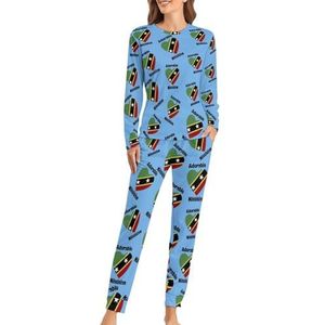 Saint Kitts Nevis vlag hart zachte dames pyjama lange mouw warme pasvorm pyjama loungewear sets met zakken 2XL