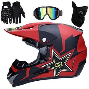 UIGJIOG Motorhelm, Fashion Youth ATV Motocross Dirt Bike BMX MX Downhill Off-Road Mountain Bike Helm Racing (Handschoenen, Goggles, Mask, 4 Stuk Set),F,L(56~57cm)