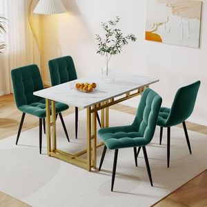 120 x 70 cm witte eettafel met 4 stoelen, moderne keuken-eettafelset, fluwelen eetkamerstoelen, tafel met gouden ijzeren poten (donkergroen)