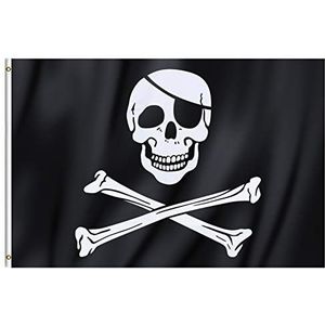 Trixes grote piratenvlag Jolly Rodger in doodskopdesign met ringogen om op te hangen 90 x 150 cm voor feestjes, deco's, huisbestellingen en nog veel meer