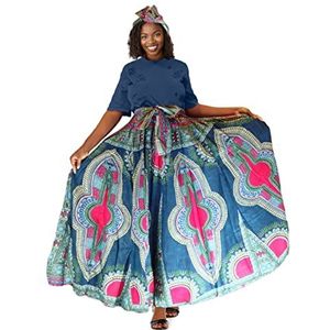 Vrouwen Dashiki Rok met Headwrap, Kaftans Hippie Boho, Afrikaanse Print Kleding Maxi Jurken, Blauw Oranje, One Size