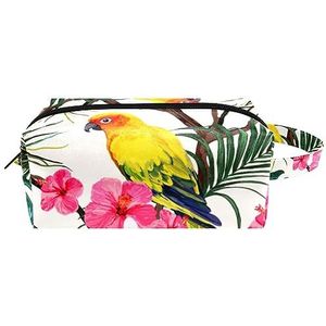 Make-up tas PU-leer,make-up tas voor op reis,Hout laat bloemen en vogels achter,Cosmetische organizer voor dames