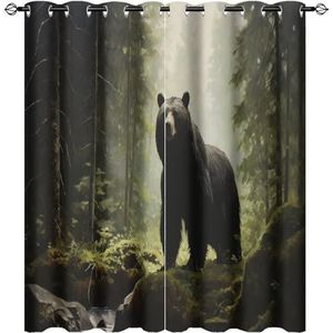 AEMYSKA Rustieke zwarte beer verduisterende gordijnen voor woonkamer moderne mistige bos natuur dier raambehandeling thermisch geïsoleerde gordijnen voor slaapkamer 55x63 inch print doorvoertule