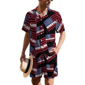 Wrestling USA Flag Hawaiiaanse pak voor heren, set van 2 stuks, strandoutfit, shirt en korte broek, bijpassende set