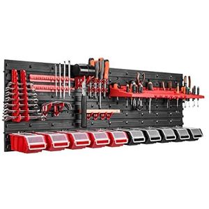 Botle wandrek met 10 opbergbakken, 115 x 39 cm, deksels, gereedschapshouders, stapelboxen, werkplaats, werkbank