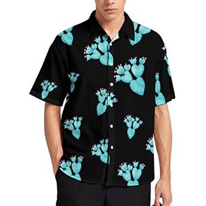 Cactus Heart T-shirt met korte mouwen voor heren, casual button-down, zomer, strand, top met zak