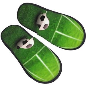 BONDIJ Groen gras veld voetbal speeltuin de bal print slippers zachte pluche huis slippers warme instappers gezellige indoor outdoor slippers voor vrouwen, Zwart, one size