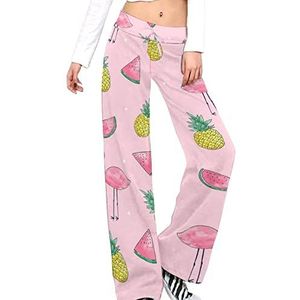 Tropisch fruit en flamingo damesbroek, casual broek, elastische taille, loungebroek, lange yogabroek, rechte pijpen