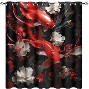 AEMYSKA Vintage karper thermisch geïsoleerde kamer verduistering slaapkamer gordijnen grappige dieren rood witte bloemen vis print doorvoertule venster gordijn panelen/gordijnen 160 x 182 cm