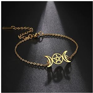 Armband Godin armbanden bij de hand for vrouwen roestvrij stalen pentagram Moon Wicca charme armbanden magische pentacle heks sieraden Armband 925 Sterling Zilver (Color : Gold Color_17-22cm)