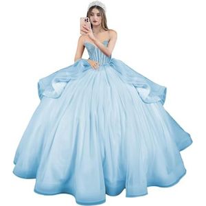 Fuomomo Quinceanera MT054 Jurken met spaghettibandjes, partyjurk met staart, Quinceanera kanten jurk met strik, Quinceanera tule met parels, Blauw, 40
