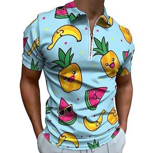 Lachende banaan watermeloen ananas poloshirt voor heren, casual T-shirts met ritssluiting en kraag, golftops, slim fit