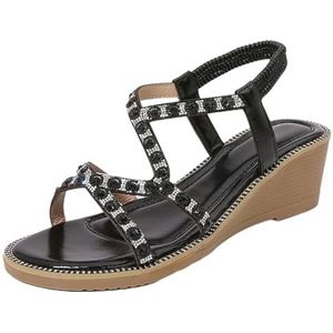 Xytraiihw Glitter sandalen voor dames, zomer plateau sandalen met sleehak en elastische band elegante strandschoenen met strass grote maten open teen Romeinse schoenen voor bruiloft,zwart,36 EU