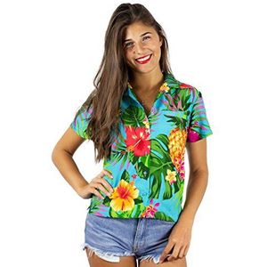 King Kameha Funky Hawaï-blouse voor dames, korte mouwen, voorzak, Hawaii-print, ananas, Pineapple Turquoise, XXL