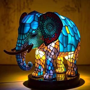 Gebrandschilderd glas lamp, dieren tafellamp, vintage dieren tafellamp, hars dieren nachtkastje lamp, dieren lamp olifant lamp, dieren tafellamp serie for thuis kamer decor 2pc m-4017 (Color : Elepha
