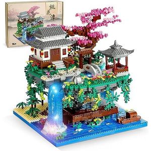 Perzikbloesems, vijver, Japan, bloemen, huis, mini-bouwstenen, 3320 klembouwstenen, perzikbloesem, zwembadhuis, model, MOC Custom bouwstenen, bouwspeelgoed, niet compatibel met Lego House