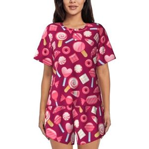 Roze snoepprint dames zomer zachte tweedelige bijpassende outfits korte mouw pyjama lounge pyjama sets, Zwart, 4XL