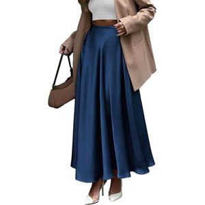 EMOTTOS Satenrok voor dames, lange satijnen rok met hoge taille, flowy maxi, gesmeed, lange midi-rok, geschikt voor zaken, polysonrok, zwart/blauw, S-XL, A - Blauw, XL